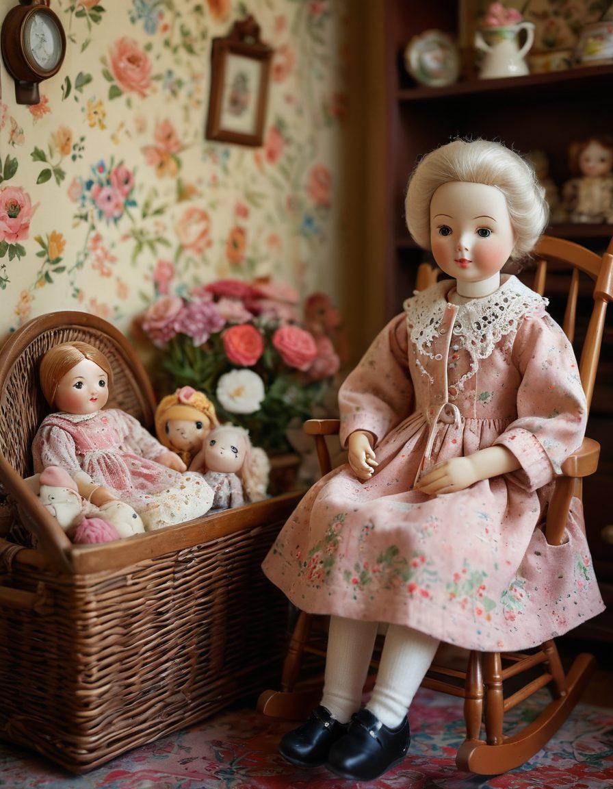 A cozy, whimsical room filled with handcrafted grandma dolls, each showcasing unique, colorful outfits and intricate facial expressions. Soft, warm lighting accentuates the dolls' features, while a vintage rocking chair and a small wooden knitting basket are in the background, evoking a sense of nostalgia. Delicate floral wallpaper adds a charming touch, inviting the viewer into a magical, memory-laden space. pastel colors. soft focus. warm lighting.