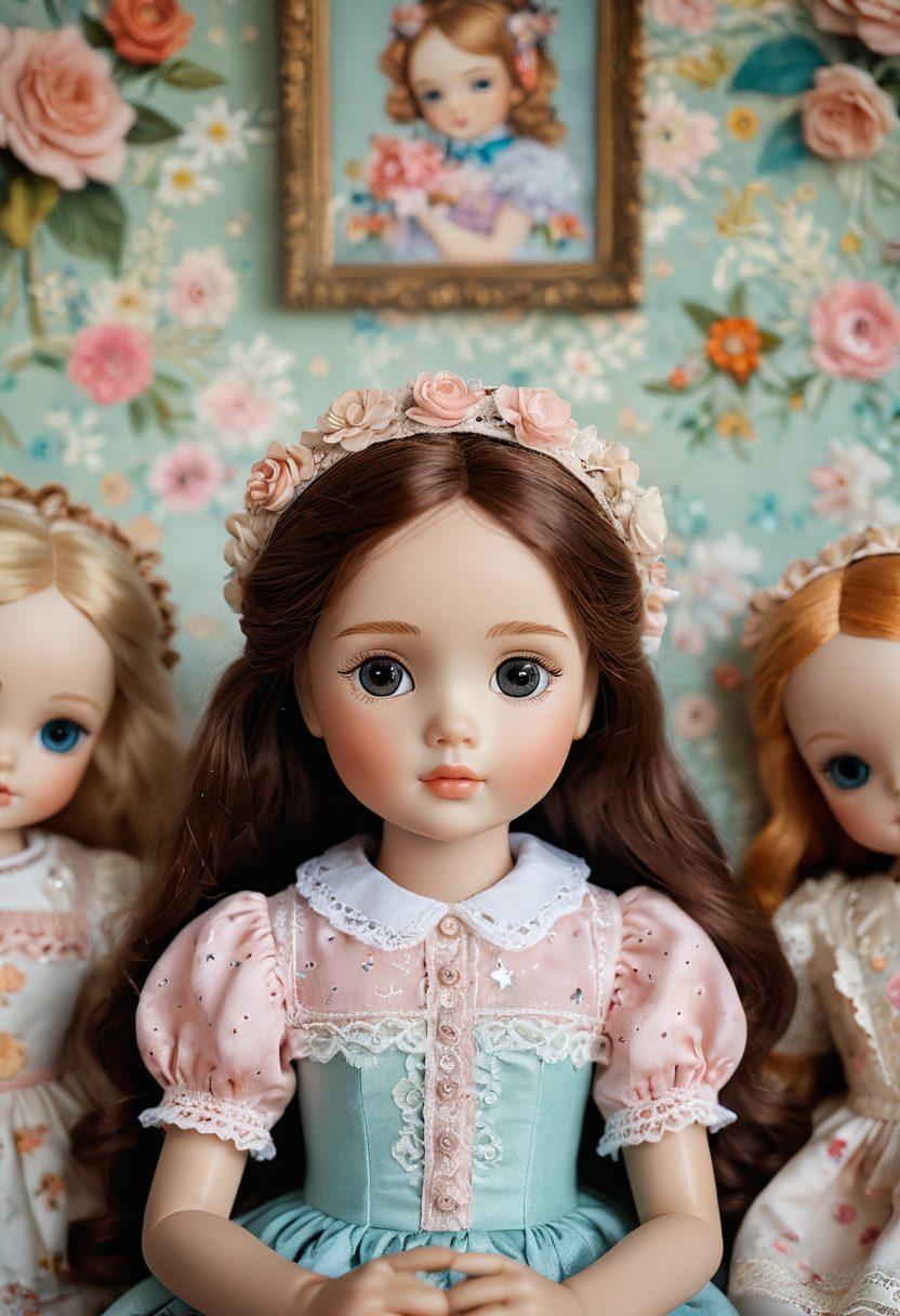 A charming collection of vintage dolls with intricate details, each reflecting a unique personality and expression, surrounded by soft pastel colors and delicate floral patterns. Include elements like lace and embroidery to emphasize craftsmanship, with a whimsical playful background filled with gentle hearts and stars. The scene should evoke warmth and nostalgia, capturing the magic of childhood memories. super-realistic. vibrant colors. soft focus.