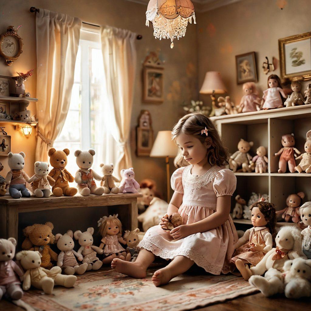 A whimsical scene showcasing a young child playing with a variety of handcrafted dolls, beautifully detailed with unique outfits and expressions, surrounded by soft pastel colors and warm light. In the background, a cozy room filled with vintage toys and homemade decorations, exuding a nostalgic charm. The image highlights the emotional bond between the child and the dolls, illustrating the transition from playtime joy to treasured keepsakes. super-realistic. warm colors. soft lighting.